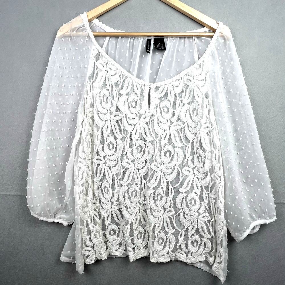 New Directions Sheer Peasant Lace Clip Dot Long Sleeve Women's Blouse Large